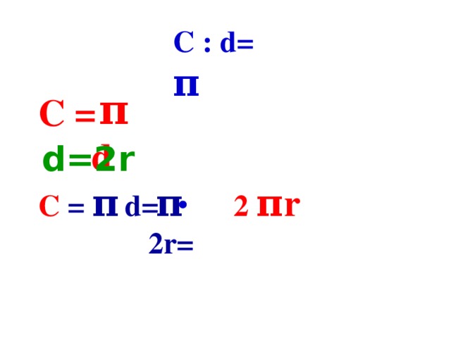 C : d= π   π d C =  d=2r  π 2r= C = π  d= 2 πr