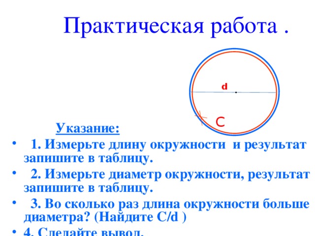 Практическая работа . d . C  Указание:  1. Измерьте длину окружности и результат запишите в таблицу.  2. Измерьте диаметр окружности, результат запишите в таблицу.  3. Во сколько раз длина окружности больше диаметра? (Найдите С/d ) 4. Сделайте вывод.