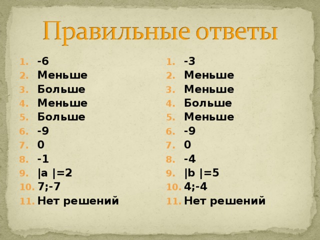 -6 Меньше Больше Меньше Больше -9 0 -1 | a |=2 7;-7 Нет решений -3 Меньше Меньше Больше Меньше -9 0 -4 | b |=5 4 ;- 4 Нет решений