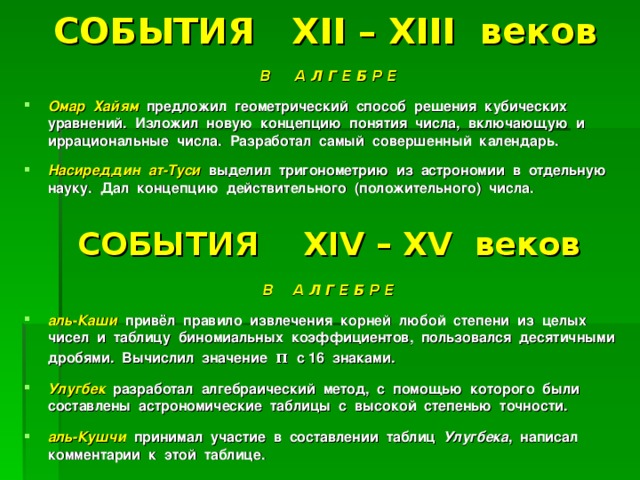 СОБЫТИЯ Х II –  XIII веков В А Л Г Е Б Р Е  Омар Хайям предложил геометрический способ решения кубических уравнений. Изложил новую концепцию понятия числа, включающую и иррациональные числа. Разработал самый совершенный календарь.  Насиреддин ат-Туси выделил тригонометрию из астрономии в отдельную науку. Дал концепцию действительного (положительного) числа. СОБЫТИЯ Х IV – XV веков  В А Л Г Е Б Р Е