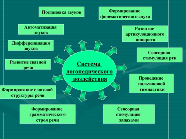 Постановка звуков Формирование фонематического слуха Автоматизация звуков Развитие артикуляционного  аппарата Дифференциация звуков Сенсорная стимуляция рук Система логопедического  воздействия Развитие связной  речи Проведение пальчиковой  гимнастики Формирование слоговой структуры речи Формирование грамматического строя речи Сенсорная стимуляция запахами