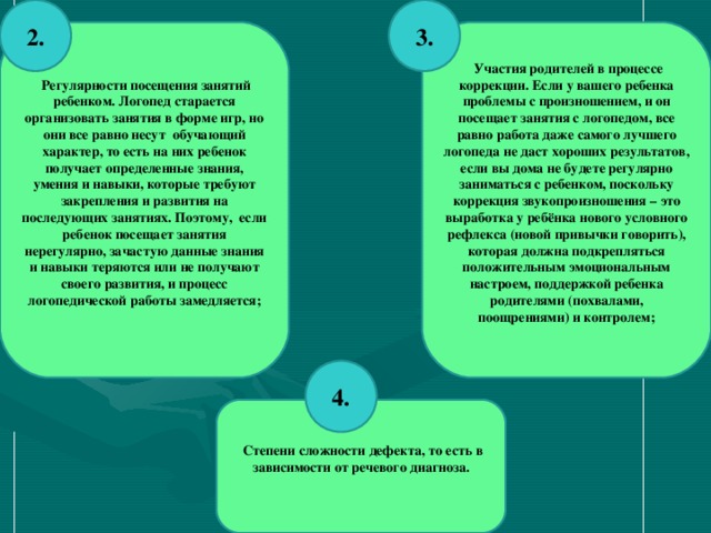 2. 3.  Участия родителей в процессе коррекции. Если у вашего ребенка проблемы с произношением, и он посещает занятия с логопедом, все равно работа даже самого лучшего логопеда не даст хороших результатов, если вы дома не будете регулярно заниматься с ребенком, поскольку коррекция звукопроизношения – это выработка у ребёнка нового условного рефлекса (новой привычки говорить), которая должна подкрепляться положительным эмоциональным настроем, поддержкой ребенка родителями (похвалами, поощрениями) и контролем;   Регулярности посещения занятий ребенком. Логопед старается организовать занятия в форме игр, но они все равно несут обучающий характер, то есть на них ребенок получает определенные знания, умения и навыки, которые требуют закрепления и развития на последующих занятиях. Поэтому, если ребенок посещает занятия нерегулярно, зачастую данные знания и навыки теряются или не получают своего развития, и процесс логопедической работы замедляется;  4.  Степени сложности дефекта, то есть в зависимости от речевого диагноза.