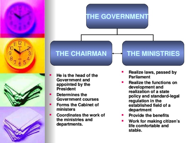 THE GOVERNMENT THE CHAIRMAN THE MINISTRIES Realize laws, passed by Parliament Realize the functions on development and realization of a state policy and standard-legal regulation in the established field of a  department  Provide the benefits Work  for making citizen’s life comfortable and stable.  He is the head of the Government and appointed by the President Determines the Government courses Forms the Cabinet of ministers Coordinates  the work of the ministries  and  departments .
