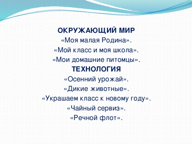 ОКРУЖАЮЩИЙ МИР «Моя малая Родина». «Мой класс и моя школа». «Мои домашние питомцы». ТЕХНОЛОГИЯ «Осенний урожай». «Дикие животные». «Украшаем класс к новому году». «Чайный сервиз». «Речной флот».