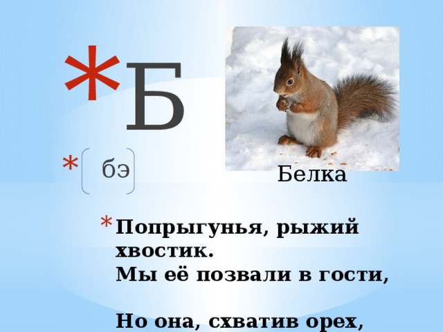 Б  бэ Белка Попрыгунья, рыжий хвостик.  Мы её позвали в гости,  Но она, схватив орех,  Унесла от нас наверх.