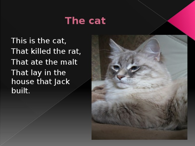 The cat This is the cat, That killed the rat, That ate the malt That lay in the house that Jack built.