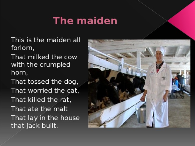 The maiden This is the maiden all forlorn, That milked the cow with the crumpled horn, That tossed the dog, That worried the cat, That killed the rat, That ate the malt That lay in the house that Jack built.