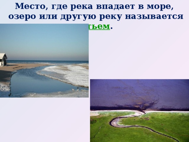 Место, где река впадает в море, озеро или другую реку называется устьем .