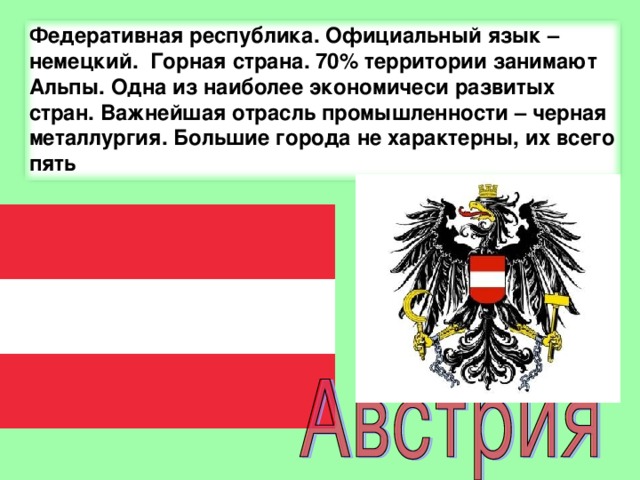 Федеративная республика. Официальный язык – немецкий. Горная страна. 70% территории занимают Альпы. Одна из наиболее экономичеси развитых стран. Важнейшая отрасль промышленности – черная металлургия. Большие города не характерны, их всего пять