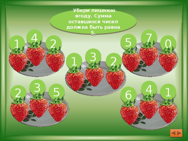 Убери лишнюю ягоду. Сумма оставшихся чисел должна быть равна 5. 7 4 5 2 1 0 3 1 2 3 4 5 1 2 6