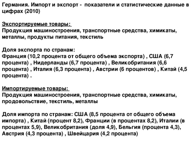 Германия. Импорт и экспорт - показатели и статистические данные в цифрах (2010)   Экспортируемые товары:  Продукция машиностроения, транспортные средства, химикаты, металлы, продукты питания, текстиль   Доля экспорта по странам:  Франция (10,2 процента от общего объема экспорта) , США (6,7 процента) , Нидерланды (6,7 процента) , Великобритания (6,6 процента) , Италия (6,3 процента) , Австрии (6 процентов) , Китай (4,5 процента) .   Импортируемые товары:  Продукция машиностроения, транспортные средства, химикаты, продовольствие, текстиль, металлы   Доля импорта по странам: США (8,5 процента от общего объема импорта) , Китай (процент 8,2), Франции (в процентах 8,2), Италии (в процентах 5,9), Великобритания (доля 4,9), Бельгия (процента 4,3), Австрия (4,3 процента) , Швейцария (4,2 процента)