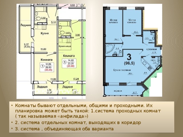Комнаты бывают отдельными, общими и проходными. Их планировка может быть такой: 1.система проходных комнат ( так называемая «анфилада») 2. система отдельных комнат, выходящих в коридор 3. система , объединяющая оба варианта
