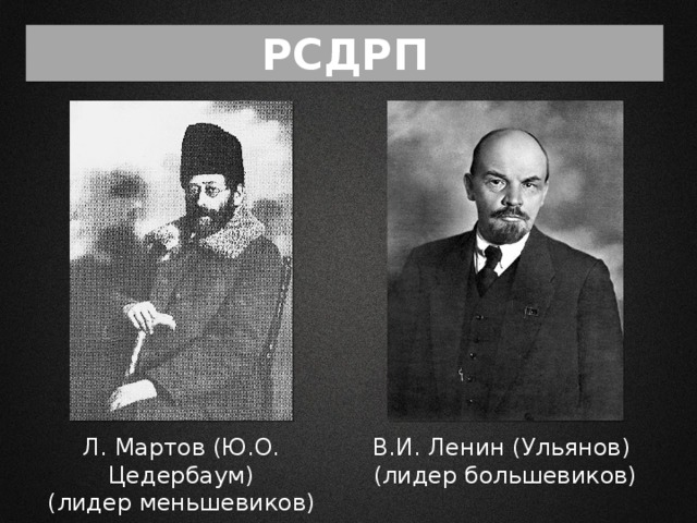 РСДРП В.И. Ленин (Ульянов) Л. Мартов (Ю.О. Цедербаум) (лидер большевиков) (лидер меньшевиков)