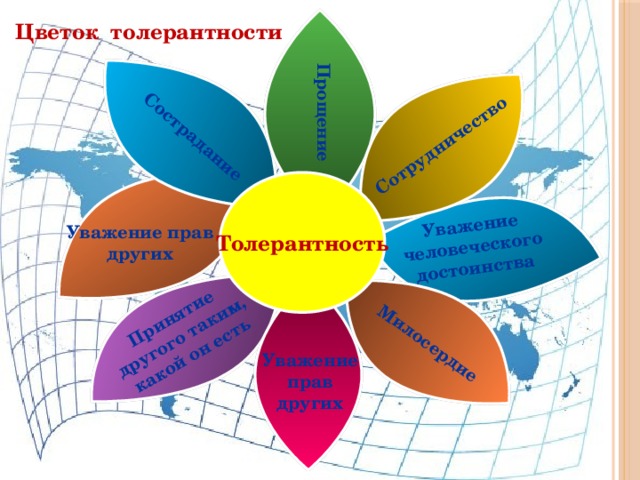 Сотрудничество Прощение Сострадание Уважение человеческого достоинства Принятие другого таким, какой он есть Милосердие Цветок толерантности Толерантность Уважение прав других Уважение прав других