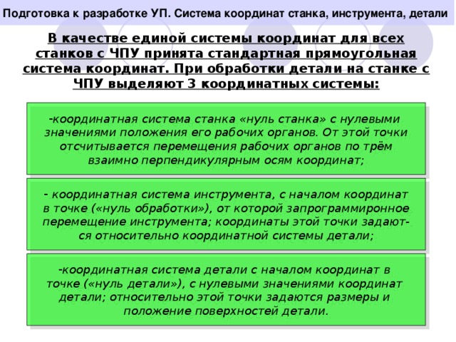 Подготовка к разработке УП. Система координат станка, инструмента, детали В качестве единой системы координат для всех станков с ЧПУ принята стандартная прямоугольная система координат. При обработки детали на станке с ЧПУ выделяют 3 координатных системы: координатная система станка «нуль станка» с нулевыми значениями положения его рабочих органов. От этой точки отсчитывается перемещения рабочих органов по трём взаимно перпендикулярным осям координат;  координатная система инструмента, с началом координат в точке («нуль обработки»), от которой запрограммиронное перемещение инструмента; координаты этой точки задают- ся относительно координатной системы детали; координатная система детали с началом координат в точке («нуль детали»), с нулевыми значениями координат детали; относительно этой точки задаются размеры и положение поверхностей детали.