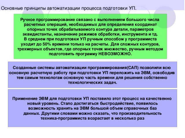 Ручное программирование связано с выполнением большого числа расчетных операций, необходимых для определения координат опорных точек обрабатываемого контура детали, параметров эквидистанты, назначение режимов обработки, инструмента и тд. В среднем при подготовки УП ручным способом у программиста уходит до 50% времени только на расчеты. Для сложных контуров, трехмерных объектов, где опорных точек множество, ручным методом подготовить программу НЕВОЗМОЖНО. Созданные системы автоматизации программирования(САП) позволили всю основную расчетную работу при подготовки УП переложить на ЭВМ, освободив тем самым технологам основную часть времени для решения собственно технологических задач. Применение ЭВМ для подготовки УП поставило этот процесс на качественно новый уровень. Стало достигаться быстродействие, появилось возможность хранить на ЭВМ большой объем справочных баз данных. Другими словами можно сказать, что производительность техника-программиста возрастает в несколько раз