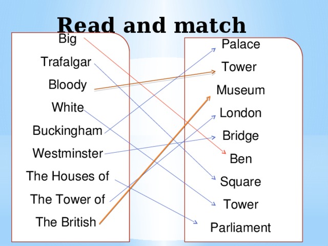 Read and match Big Trafalgar Bloody White Buckingham Westminster The Houses of The Tower of The British Palace Tower Museum London Bridge Ben Square Tower Parliament