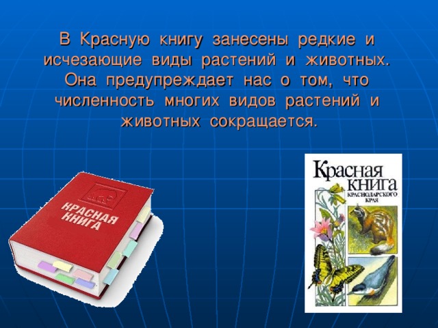 В Красную книгу занесены редкие и исчезающие виды растений и животных. Она предупреждает нас о том, что численность многих видов растений и животных сокращается.