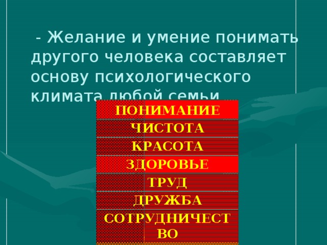 - Желание и умение понимать другого человека составляет основу психологического климата любой семьи. ПОНИМАНИЕ ЧИСТОТА КРАСОТА ЗДОРОВЬЕ ТРУД ДРУЖБА СОТРУДНИЧЕСТВО ТРАДИЦИИ