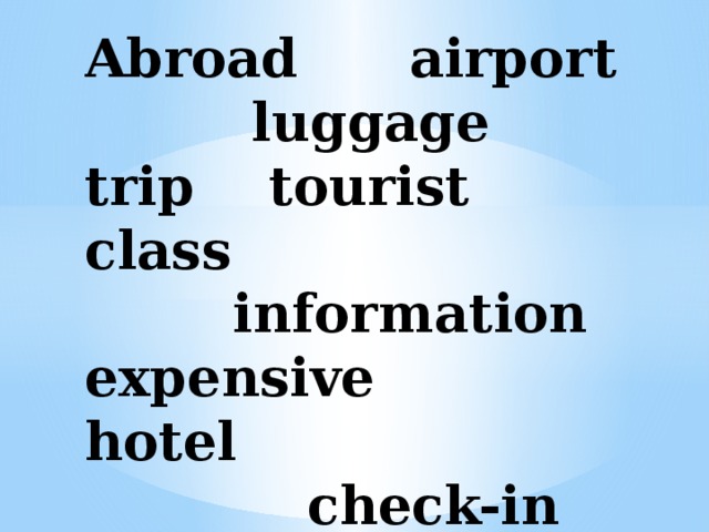 Abroad airport  luggage  trip tourist class  information  expensive hotel  check-in