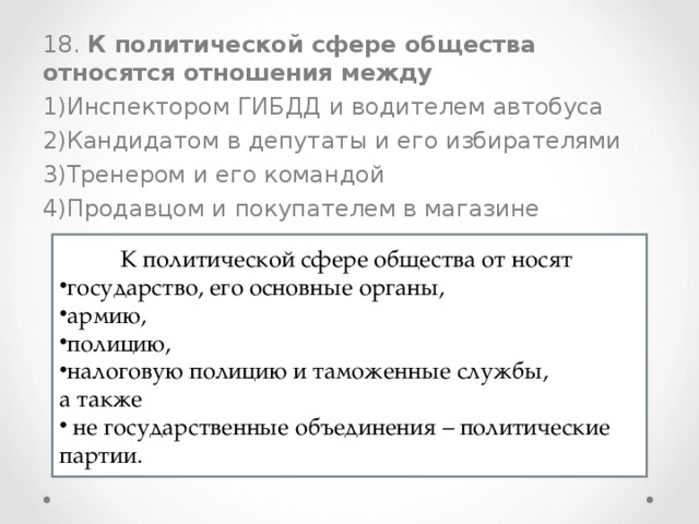 18. К политической сфере общества относятся отношения между Инспектором ГИБДД и водителем автобуса Кандидатом в депутаты и его избирателями Тренером и его командой Продавцом и покупателем в магазине  К политической сфере общества от носят государство, его основные органы, армию, полицию, налоговую полицию и таможенные службы, а также