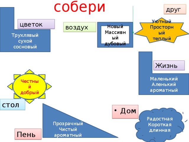 собери друг Трухлявый сухой сосновый Уютный Просторный теплый цветок Новый воздух Массивный дубовый Маленький Аленький ароматный Жизнь Честный добрый стол Прозрачный Чистый ароматный Дом Радостная Короткая длинная Пень