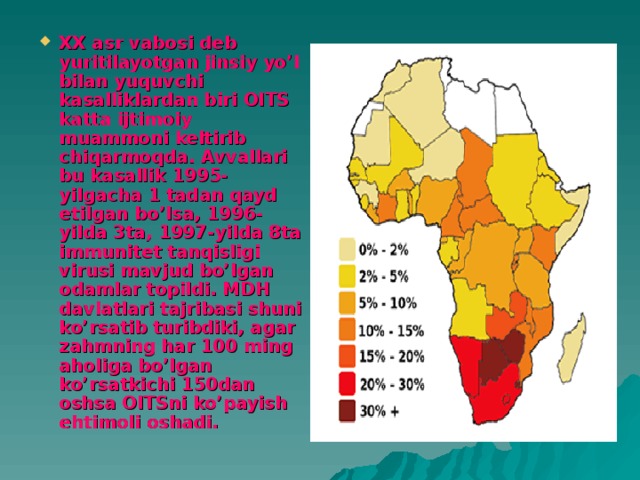 XX asr vabosi deb yuritilayotgan jinsiy yo’l bilan yuquvchi kasalliklardan biri OITS katta ijtimoiy muammoni keltirib chiqarmoqda. Avvallari bu kasallik 1995- yilgacha 1 tadan qayd etilgan bo’lsa, 1996-yilda 3ta, 1997-yilda 8ta immunitet tanqisligi virusi mavjud bo’lgan odamlar topildi. MDH davlatlari tajribasi shuni ko’rsatib turibdiki, agar zahmning har 100 ming aholiga bo’lgan ko’rsatkichi 150dan oshsa OITSni ko’payish ehtimoli oshadi.
