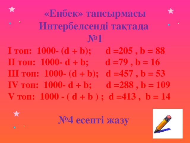 «Еңбек» тапсырмасы Интербелсенді тақтада № 1 І топ: 1000- (d + b); d =205 , b = 88 ІІ топ: 1000- d + b; d =79 , b = 16 ІІІ топ: 1000- (d + b); d =457 , b = 53 ІV топ: 1000- d + b; d =288 , b = 109 V топ: 1000 - ( d + b ) ; d =413 , b = 14 № 4 есепті жазу