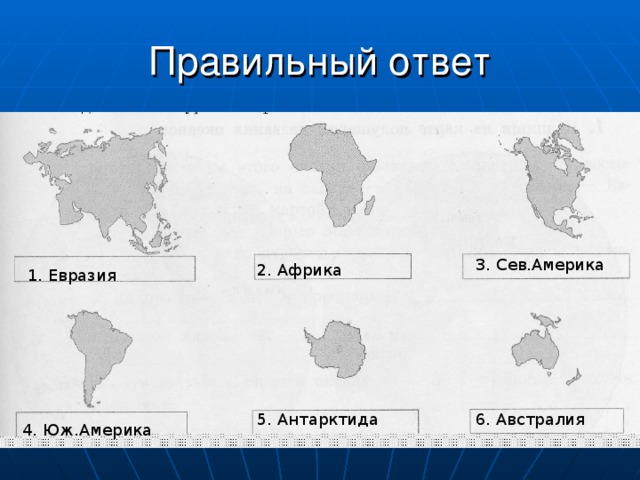 Правильный ответ 3. Сев.Америка 2. Африка 1. Евразия 6. Австралия 5. Антарктида 4. Юж.Америка