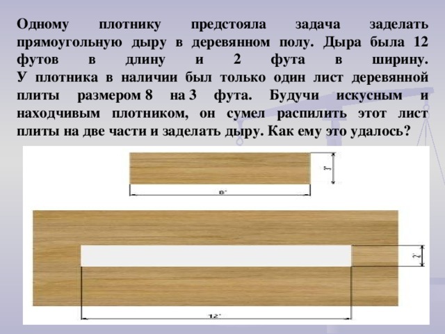 Одному плотнику предстояла задача заделать прямоугольную дыру в деревянном полу. Дыра была 12 футов в длину и 2 фута в ширину.  У плотника в наличии был только один лист деревянной плиты размером 8 на 3 фута. Будучи искусным и находчивым плотником, он сумел распилить этот лист плиты на две части и заделать дыру. Как ему это удалось?