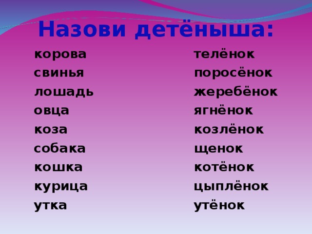 Назови детёныша: корова свинья лошадь овца коза собака кошка курица утка  телёнок поросёнок жеребёнок ягнёнок козлёнок щенок котёнок цыплёнок утёнок