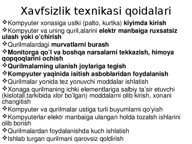 Xavfsizlik texnikasi qoidalari