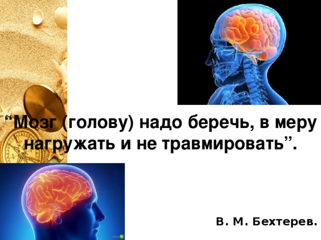В. М. Бехтерев.   “ Мозг (голову) надо беречь, в меру нагружать и не травмировать”.