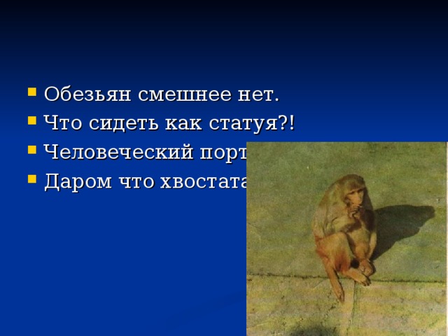 Обезьян смешнее нет. Что сидеть как статуя?! Человеческий портрет, Даром что хвостатая.