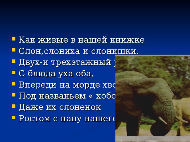 Как живые в нашей книжке Слон,слониха и слонишки. Двух-и трехэтажный рост, С блюда уха оба, Впереди на морде хвост Под названьем « хобот». Даже их слоненок Ростом с папу нашего.