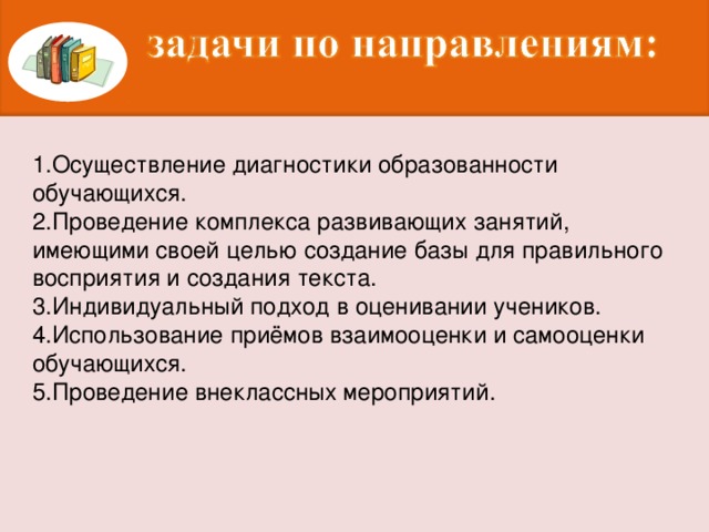 1.Осуществление диагностики образованности обучающихся. 2.Проведение комплекса развивающих занятий, имеющими своей целью создание базы для правильного восприятия и создания текста. 3.Индивидуальный подход в оценивании учеников. 4.Использование приёмов взаимооценки и самооценки обучающихся. 5.Проведение внеклассных мероприятий.