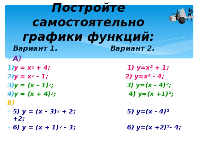 Постройте самостоятельно графики функций:   Вариант 1. Вариант 2. А) у = х 2 + 4; 1) y=x² + 1; у = х 2 – 1;   2) y=x² - 4 ; у = (х – 1) 2 ;   3) y=(x - 4 )²; у = (х + 4) 2 ;   4) y=(x +1)²; В)