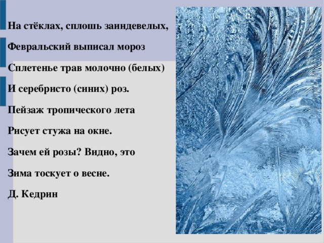 На стёклах, сплошь заиндевелых, Февральский выписал мороз Сплетенье трав молочно (белых) И серебристо (синих) роз. Пейзаж тропического лета Рисует стужа на окне. Зачем ей розы? Видно, это Зима тоскует о весне. Д. Кедрин