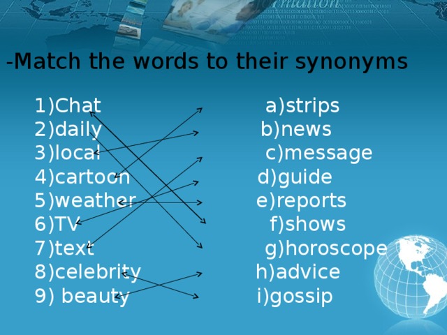 -Match the words to their synonyms 1)Chat a)strips 2)daily b)news 3)local c)message 4)cartoon d)guide 5)weather e)reports 6)TV f)shows 7)text g)horoscope 8)celebrity h)advice 9) beauty i)gossip
