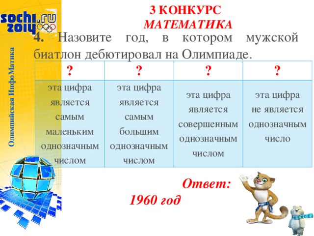 Олимпийская ИнфоМатика 3 КОНКУРС  МАТЕМАТИКА 4. Назовите год, в котором мужской биатлон дебютировал на Олимпиаде. ? ? эта цифра является самым маленьким однозначным числом эта цифра является самым большим однозначным числом ? ? эта цифра является совершенным однозначным числом эта цифра не является однозначным число   Ответ: 1960 год