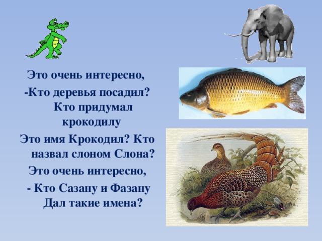 Это очень интересно, -Кто деревья посадил? Кто придумал крокодилу Это имя Крокодил? Кто назвал слоном Слона? Это очень интересно,  - Кто Сазану и Фазану Дал такие имена?