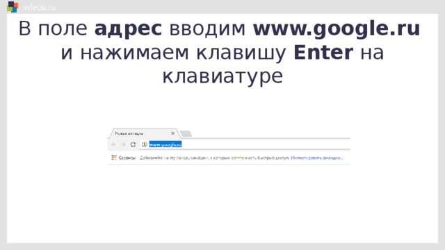 В поле адрес вводим www.google.ru  и нажимаем клавишу Enter на клавиатуре