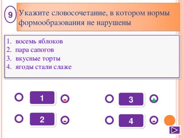 Укажите словосочетание, в котором нормы формообразования не нарушены 9 восемь яблоков 2. пара сапогов вкусные торты 4. ягоды стали слаже 1 3 - + 2 4 - - 10