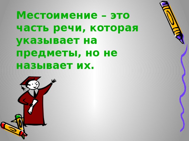 Местоимение – это часть речи, которая указывает на предметы, но не называет их.