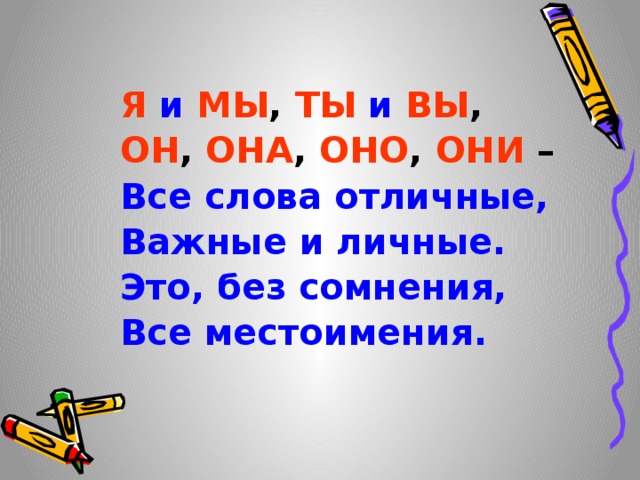 Я  и  МЫ , ТЫ  и  ВЫ , ОН , ОНА , ОНО , ОНИ – Все слова отличные, Важные и личные. Это, без сомнения, Все местоимения.