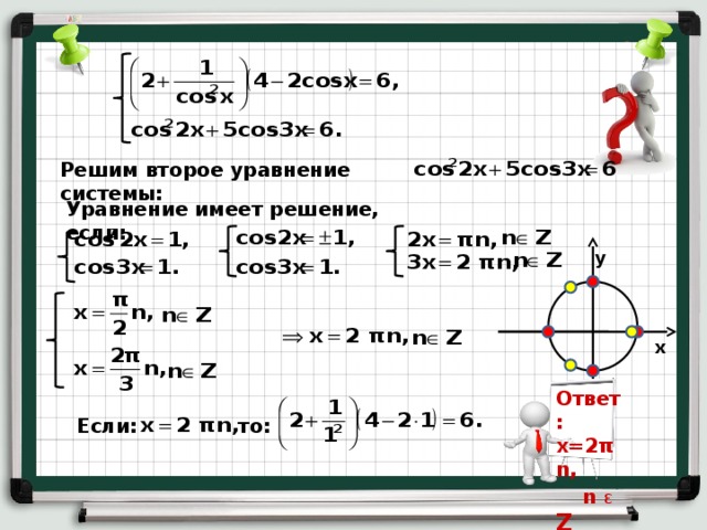 Решим второе уравнение системы: Уравнение имеет решение, если: у х Ответ: х=2 πn,  n Ɛ Z то: Если: