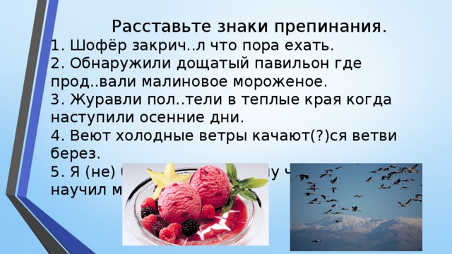 Расставьте знаки препинания. 1. Шофёр закрич..л что пора ехать. 2. Обнаружили дощатый павильон где прод..вали малиновое мороженое. 3. Журавли пол..тели в теплые края когда наступили осенние дни. 4. Веют холодные ветры качают(?)ся ветви берез. 5. Я (не) боялся пчел потому что дедушка научил меня тихо ходить.