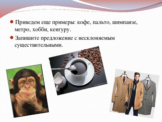 Приведем еще примеры: кофе, пальто, шимпанзе, метро, хобби, кенгуру. Запишите предложение с несклоняемым существительными.