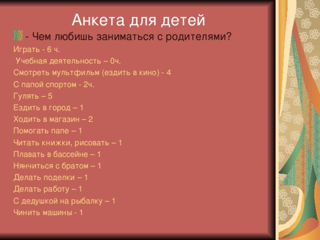 Анкета для детей - Чем любишь заниматься с родителями? Играть - 6 ч.  Учебная деятельность – 0ч. Смотреть мультфильм (ездить в кино) - 4 С папой спортом - 2ч.  Гулять – 5 Ездить в город – 1 Ходить в магазин – 2 Помогать папе – 1 Читать книжки, рисовать – 1 Плавать в бассейне – 1 Нянчиться с братом – 1 Делать поделки – 1 Делать работу – 1 С дедушкой на рыбалку – 1 Чинить машины - 1