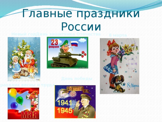 Главные праздники России Новый год День защитника Отечества 8 марта День победы Праздник весны и труда